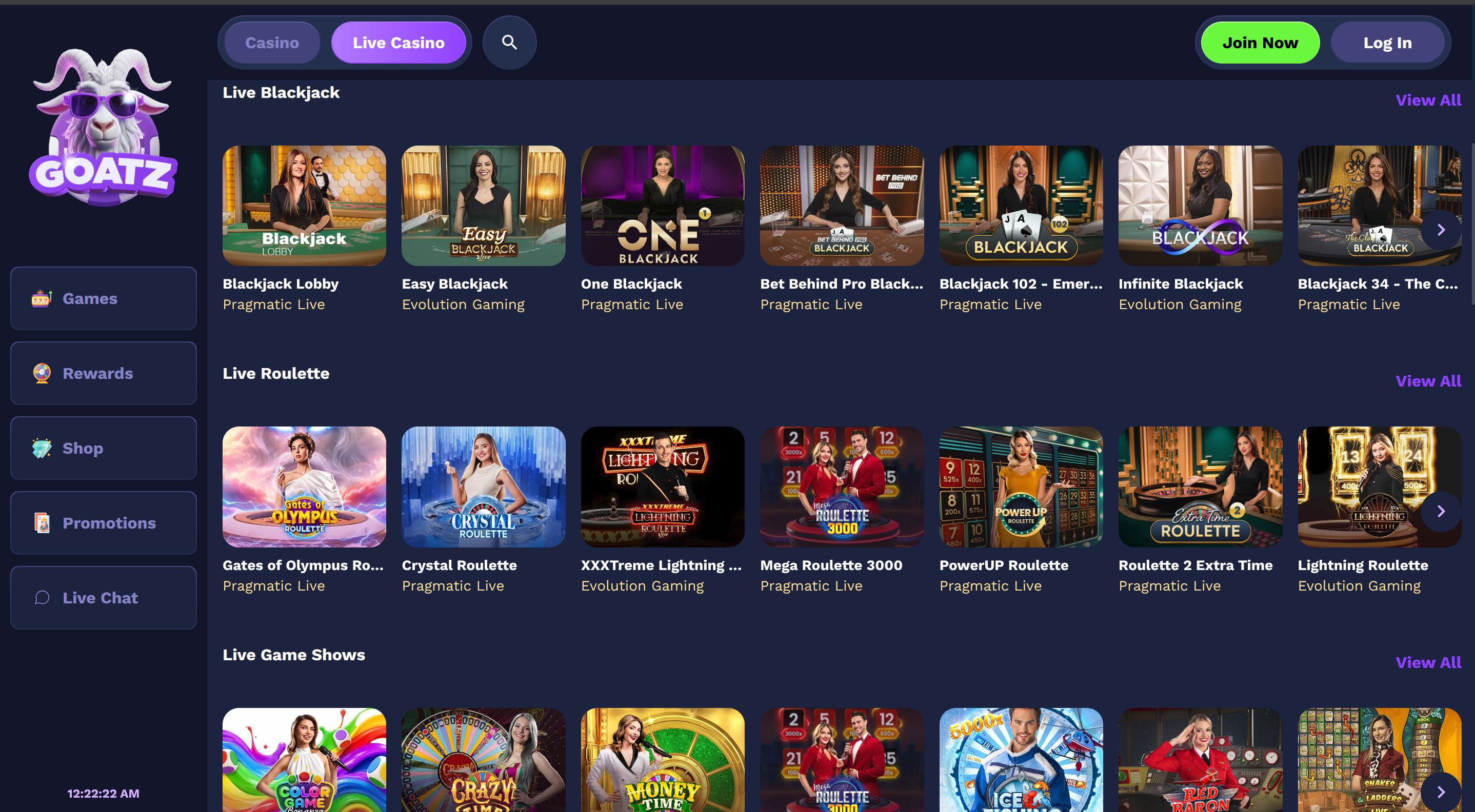 Live casino og bordspill